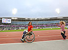 Paralympic champion Lyudmila Volchek and her daughter at Dinamo Stadium