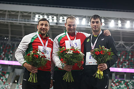 Men’s Hammer Throwing: Belarus’ Ivan Tikhon (silver), Belarus’ Pavel Bareisha (gold), Moldova’s Serghei Marghiev (bronze).