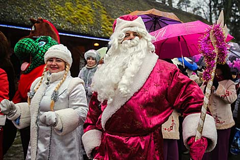 Parade of Father Frosts and Snow Maidens at the residence of the Belarusian Father Frost in Belovezhskaya Pushcha