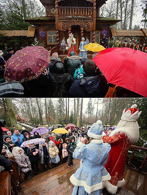 Father Frost and Snow Maiden welcome guests