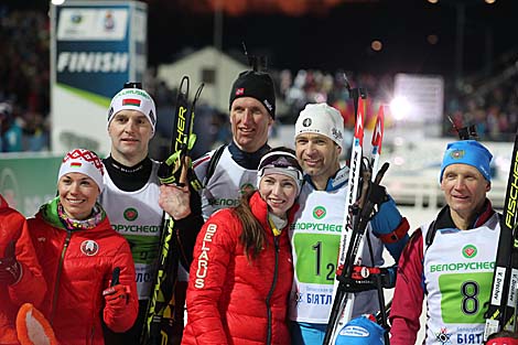Nadezhda Skardino and Sergei Novikov, Lars Berger, Darya Domracheva and Ole Einar Bjoerndalen, Vladimir Drachev