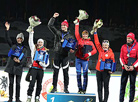 Mixed Relay podium: Nadezhda Skardino and Sergei Novikov, Darya Domracheva and Ole Einar Bjoerndalen, Anna Bogaliy and Frode Andresen