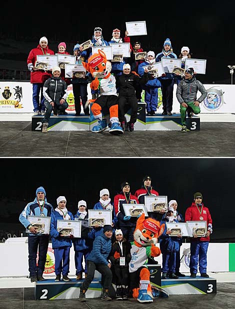 Legends Race participants award medalists of the Snow Sniper national biathlon tournament for children and youth