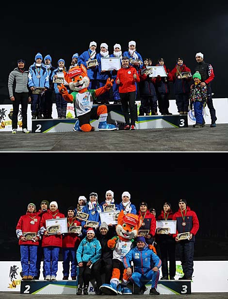 Legends Race participants award medalists of the Snow Sniper national biathlon tournament for children and youth