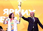 Gymnast Liubov Charkashyna and Chairman of the Minsk City Council of Deputies Vasily Panasyuk