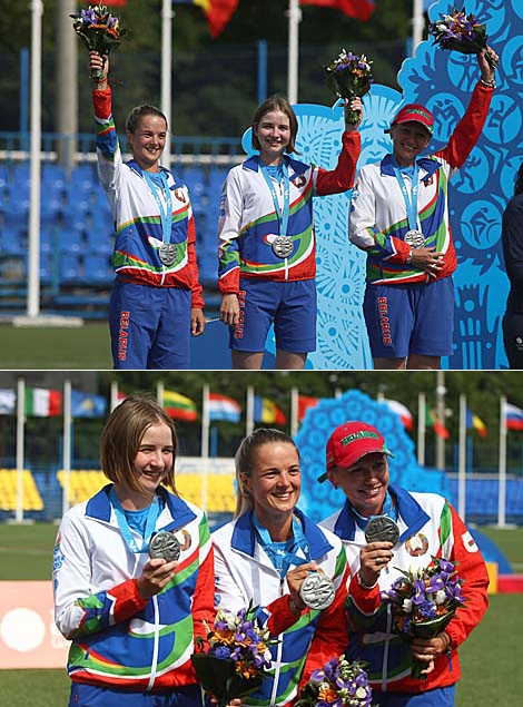 Belarus' Karyna Kazlouskaya, Hanna Marusava, and Karyna Dziominskaya