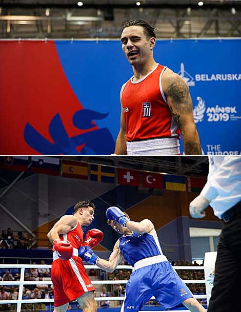 В синей форме боксер из Швеции Адам Чартой и в красной форме боксер из Греции Павлос Цагкракос
