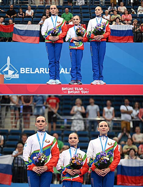 Belarusian acrobats Veranika Nabokina, Julia Ivonchyk and Karina Sandovich clinched bronze in Acrobatic Gymnastics Women's Groups Dynamic