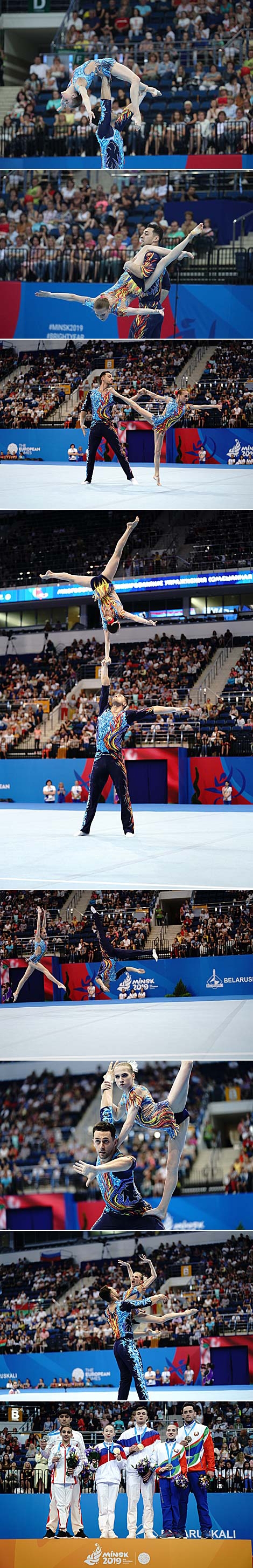白罗斯超级特技柔软体操运动员亚瑟•别利亚科夫和奥丽嘉•梅利尼克在欧运会上获得体操全能铜牌