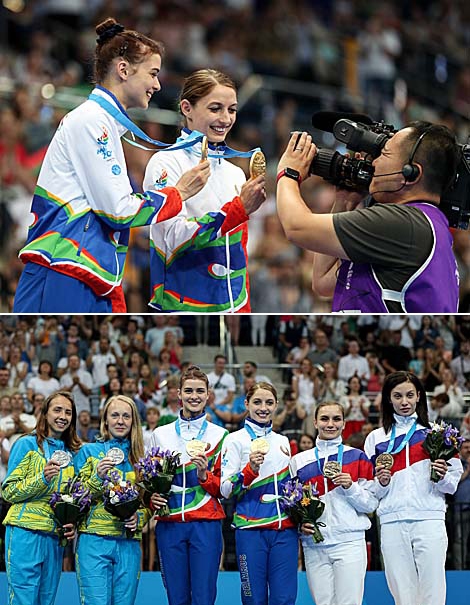 Belarus' Hanna Hancharova and Maryia Makharynskaya are winners of the Women's Synchronized Trampoline Gymnastics event