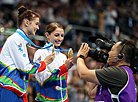 Belarus' Hanna Hancharova and Maryia Makharynskaya are winners of the Women's Synchronized Trampoline Gymnastics event