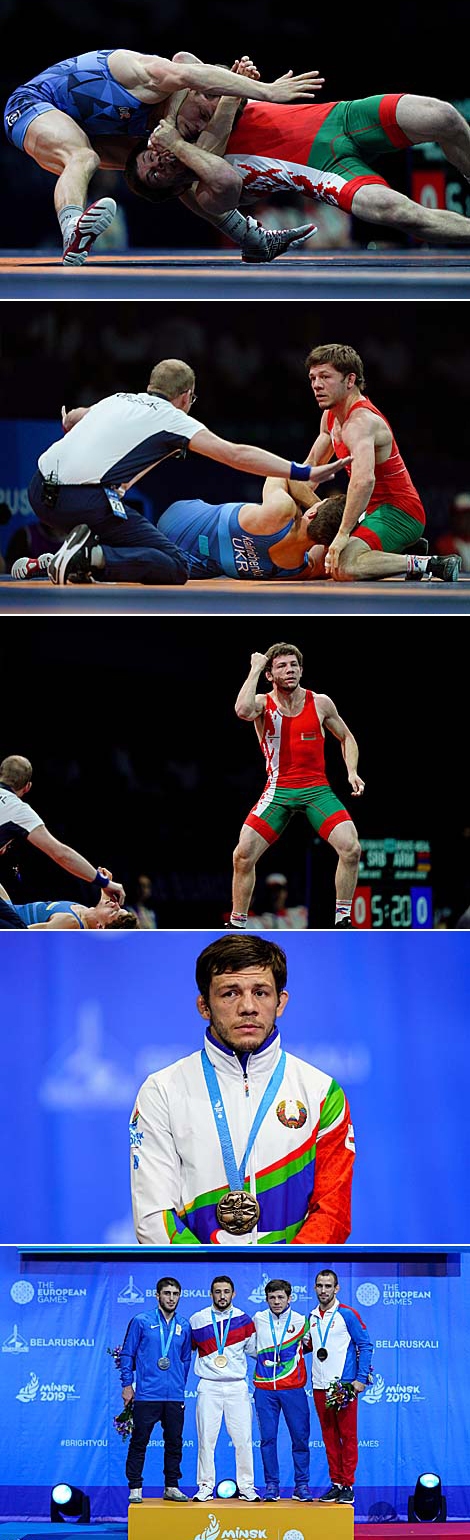 Belarusian Soslan Daurov defeated Oleksii Kalinichenko of Ukraine 3:2 to win the bronze medal in the Men's Greco-Roman -67kg