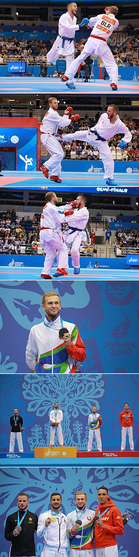 Belarus' Krautsou Artsiom won bronze medal during the Men's Kumite -67kg karate event