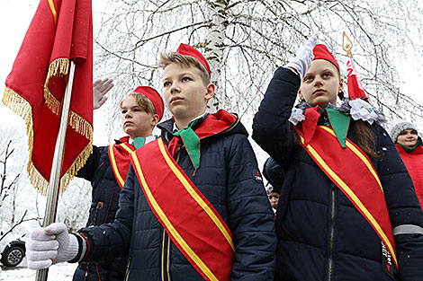 Meeting at the war memorial in the village of Shapury