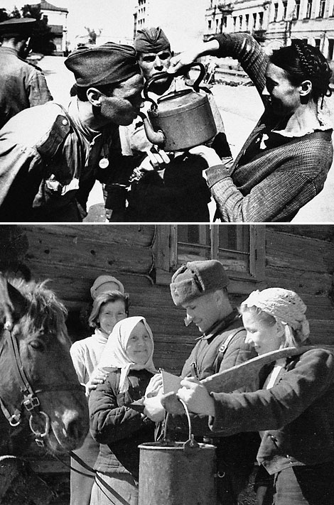 Mogilev residents give a drink of water to Soviet soldiers, 1944