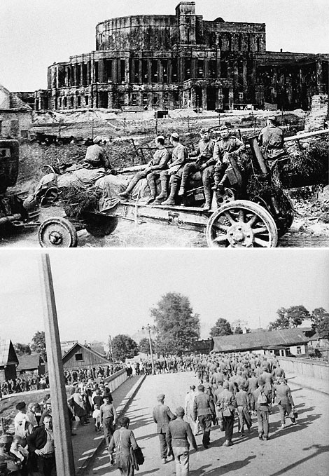 Lieutenant Boris Rukhadze’s gun crew pass by the Belarusian Opera and Ballet Theater in Minsk following the city’s liberation, 3 July 1944