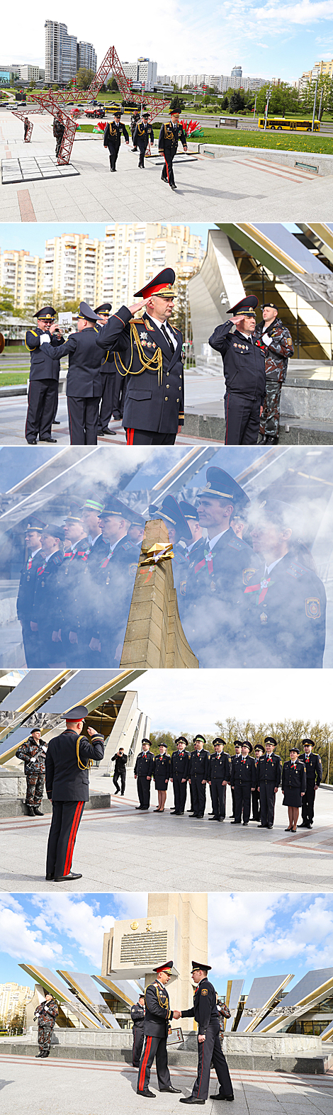 Senior officers of the Minsk police department lay flowers at the Minsk Hero City Stele