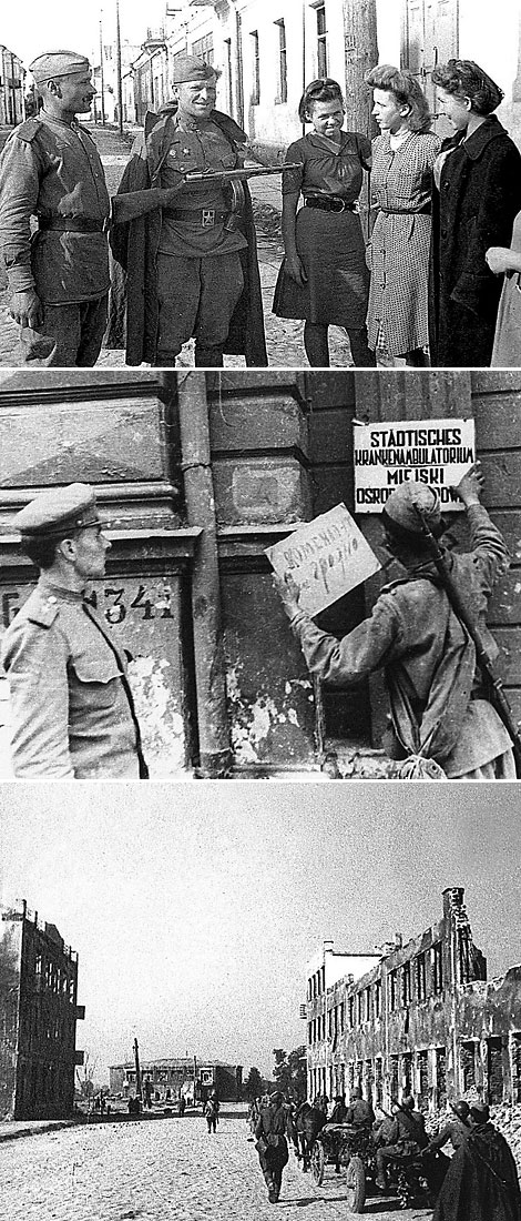 Red Army Troops Commander Nikolai Reshetnikov and his fellow soldier talk to Grodno residents on the day of the city’s liberation from the Nazis, 16 July 1944