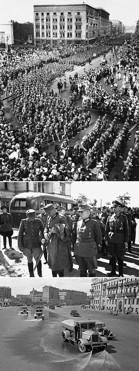 Марш немецких пленных по Москве. По городу прошли около 57 тысяч немецких солдат и офицеров, включая 19 генералов, в основном захваченных в плен во время Белорусской наступательной операции советских войск. 17 июля 1944 г.