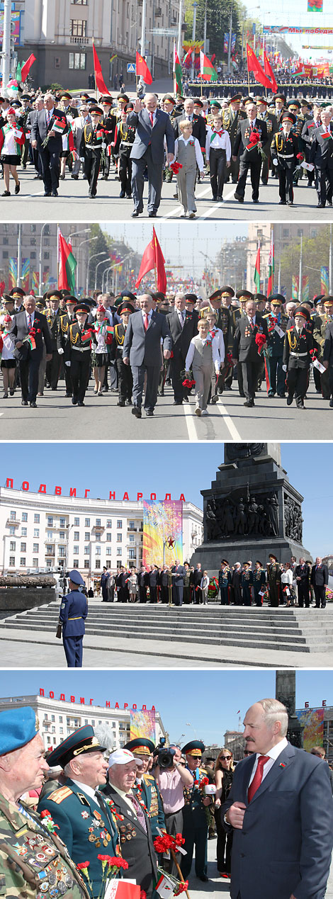 Belarus President Alexander Lukashenko participated in the Victory Day celebrations on 9 May. With participants of the procession, 2013