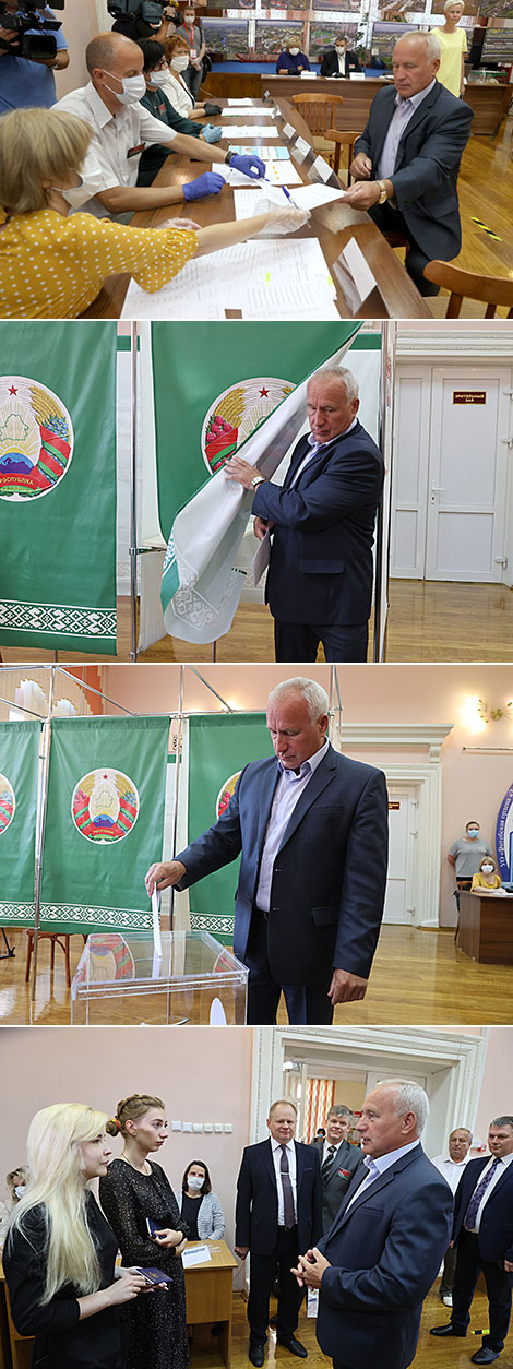 维捷布斯克州州长尼古拉·谢尔斯特涅夫在维捷布斯克州兽医学院文化馆投票站