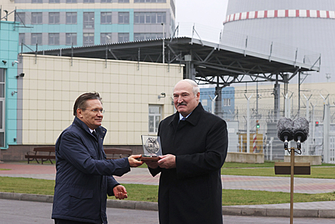 Belarus President Aleksandr Lukashenko and Director General of the Russian state nuclear industry corporation Rosatom Aleksei Likhachev