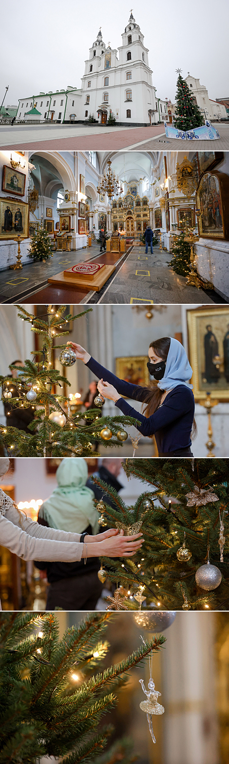 In anticipation of Christmas: Decorating a Christmas tree in the Holy Spirit Cathedral