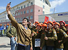 A student construction brigade comprising 400 students from Belarus and Russia works at the BelNPP construction site in summer