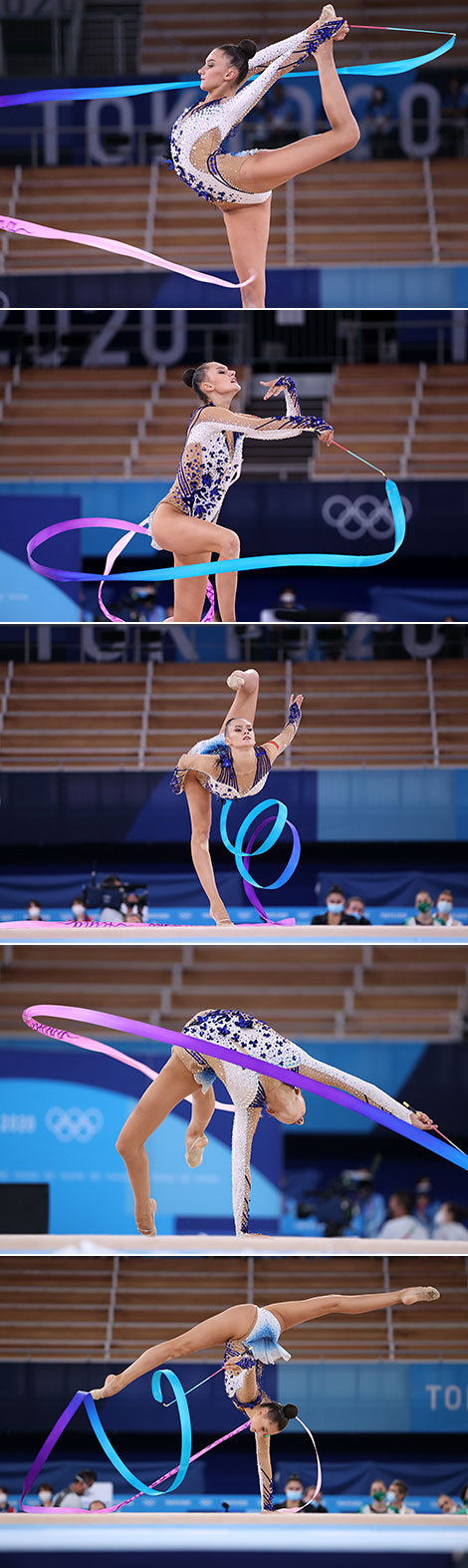 Alina Harnasko while a ribbon routine
