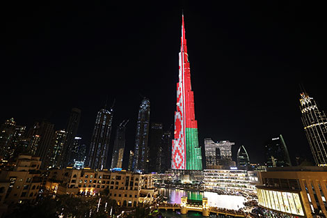 A Dubai skyscraper is lit with Belarusian flag  colors