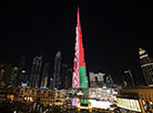 A Dubai skyscraper is lit with Belarusian flag  colors