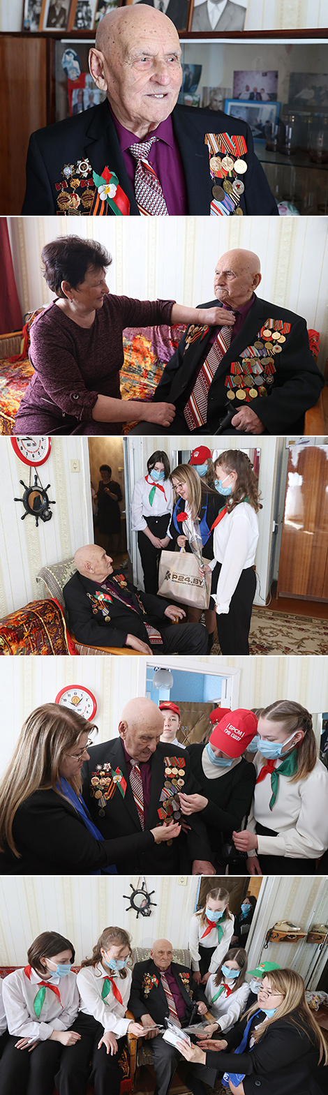 Veteran Pavel Kozlov from Mogilev accepts congratulations on the upcoming Victory Day