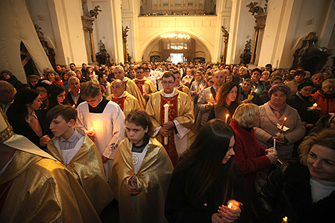 Easter Vigil Midnight Mass in the Farny Church in Grodno 