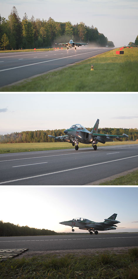 Беларускія ваенныя самалёты Як-130 і МіГ-29 упершыню прызямліліся на аўтатрасу ў вячэрні час