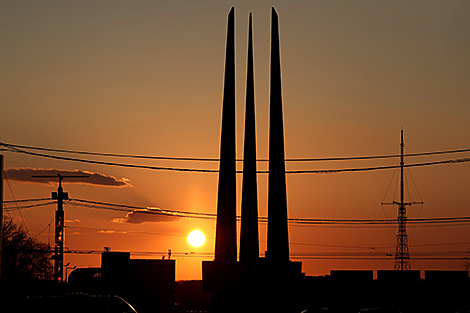 Sunset over the memorial complex commemorating Soviet soldiers-liberators, partisans and underground fighters of Vitebsk Oblast