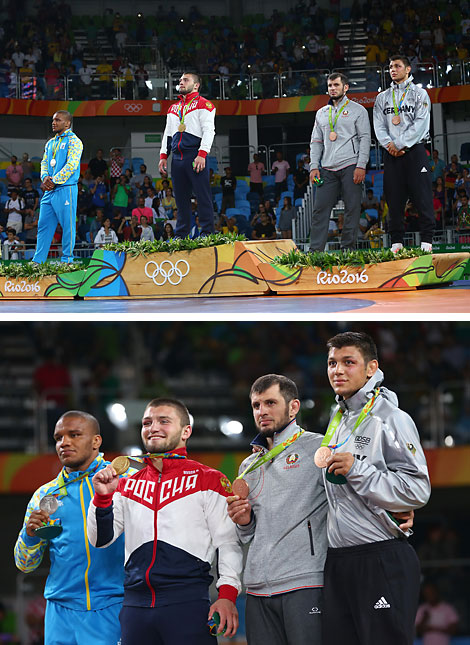 Olympic champion Davit Chakvetadze of Russia, silver medalist Zhan Beleniuk of Ukraine and bronze medalists Denis Maksymilian Kudla of Germany and Javid Hamzatov of Belarus