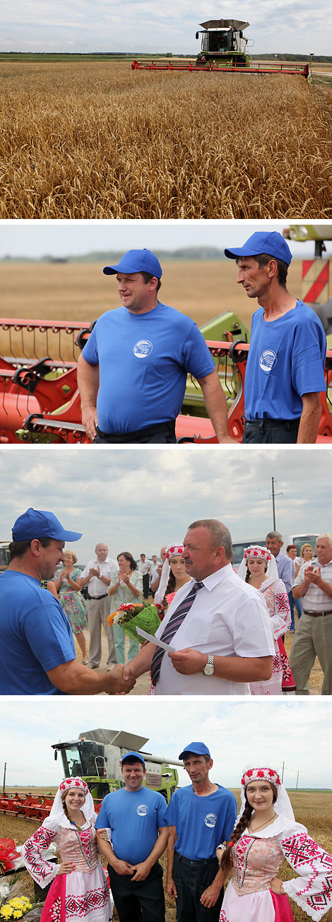 Combine harvester crew, first in Gomel Oblast to harvest 1,000 tonnes of grain