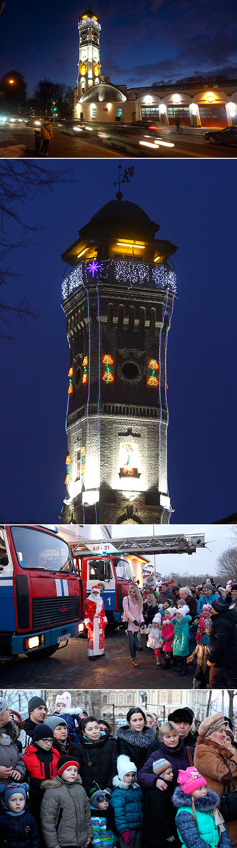 Fire observation tower in Grodno lit up for Christmas