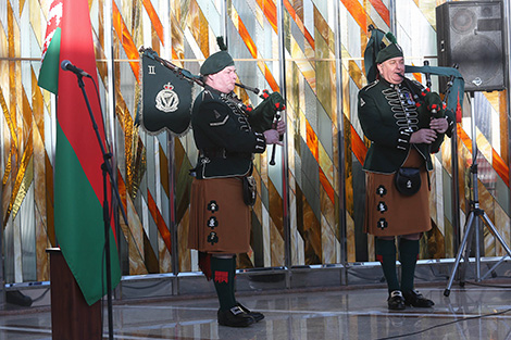 British pipers and the orchestra of the Armed Forces of Belarus perform in the Museum of the Great Patriotic War