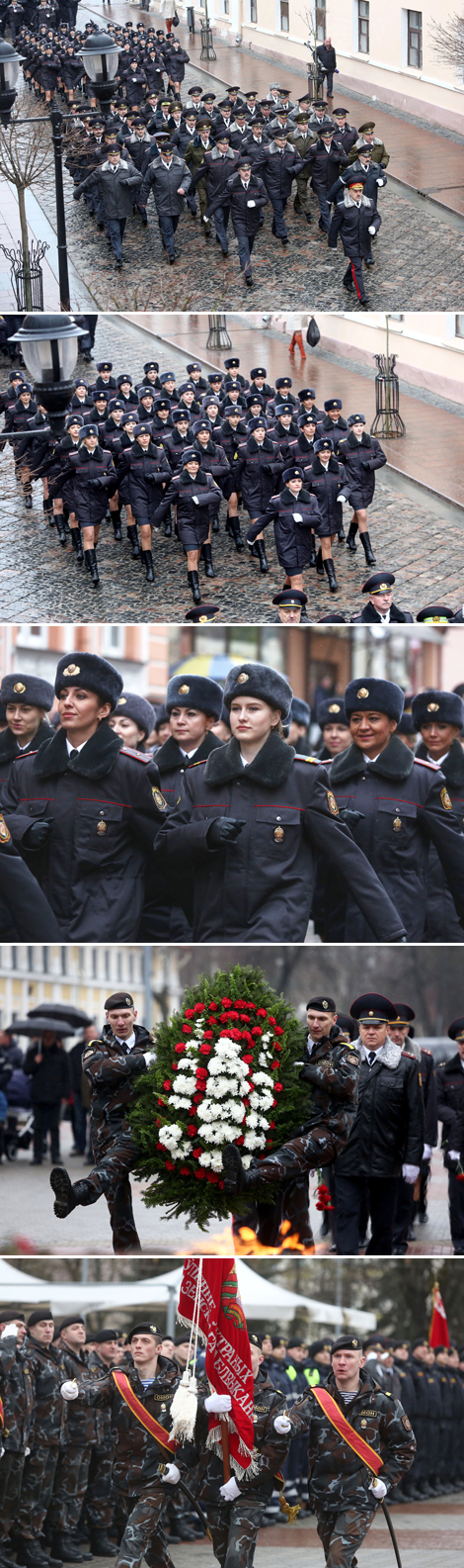 Police officers march along Grodno streets