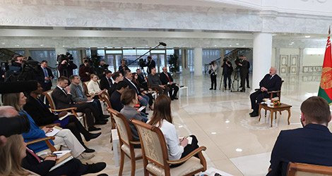 Belarusian President Aleksandr Lukashenko answers questions from foreign and Belarusian journalists, February 2023