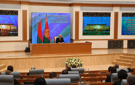 Belarus President Alexander Lukashenko holds a press conference for Russian regional mass media on 17 November