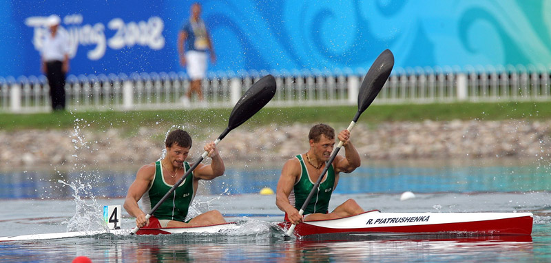 Vadim Makhnev and Roman Petrushenko win a bronze medal in the K-2 event at the Olympic Games in Beijing