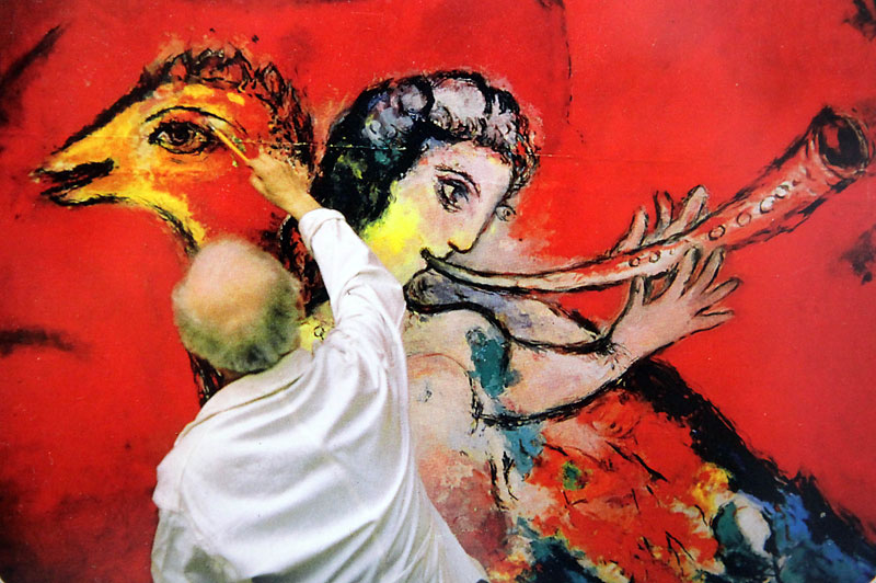 Marc Chagall working on the fresco “Triumph of Music” for Lincoln Center for the Performing Arts, New York, the U.S.