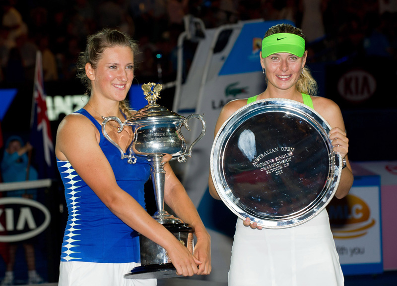 Victoria Azarenka of Belarus secures her maiden Grand Slam title and the world number one spot after beating Maria Sharapova in Melbourne (2012)