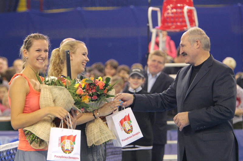 President of Belarus Alexander Lukashenko attends a Wozniacki-Azarenka charity tennis match