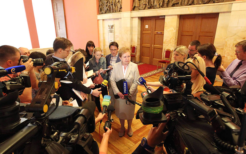 Chairwoman of the Central Election Commission (CEC) of Belarus Lidia Yermoshina answers questions of reporters after the session of the House of Representatives of the National Assembly that approved the presidential election date