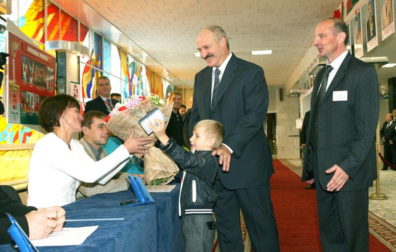 President of the Republic of Belarus Aleksandr Lukashenko with his youngest son Nikolai at a polling station in Minsk, 2008