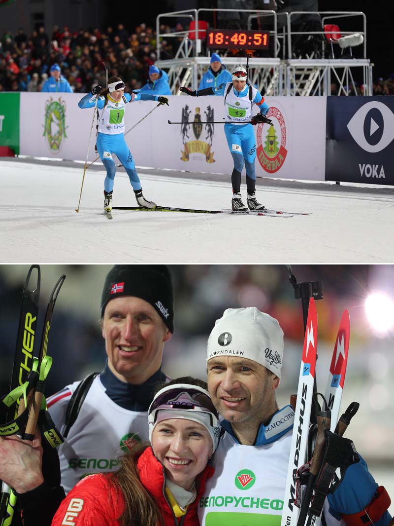 Darya Domracheva and Ole Einar Bjoerndalen win the Mixed Relay silver at the 2019 Legends Race