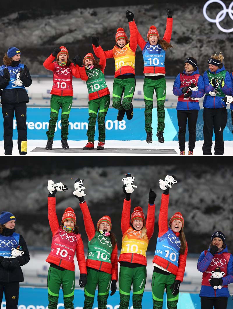 Belarus’ gold-medal winning team (Nadezhda Skardino, Irina Krivko, Dinara Alimbekova and Darya Domracheva) celebrate on the podium during the medal ceremony for the Women’s 4x6km Relay at the 2018 Olympic Games in PyeongChang, 22 February 2018